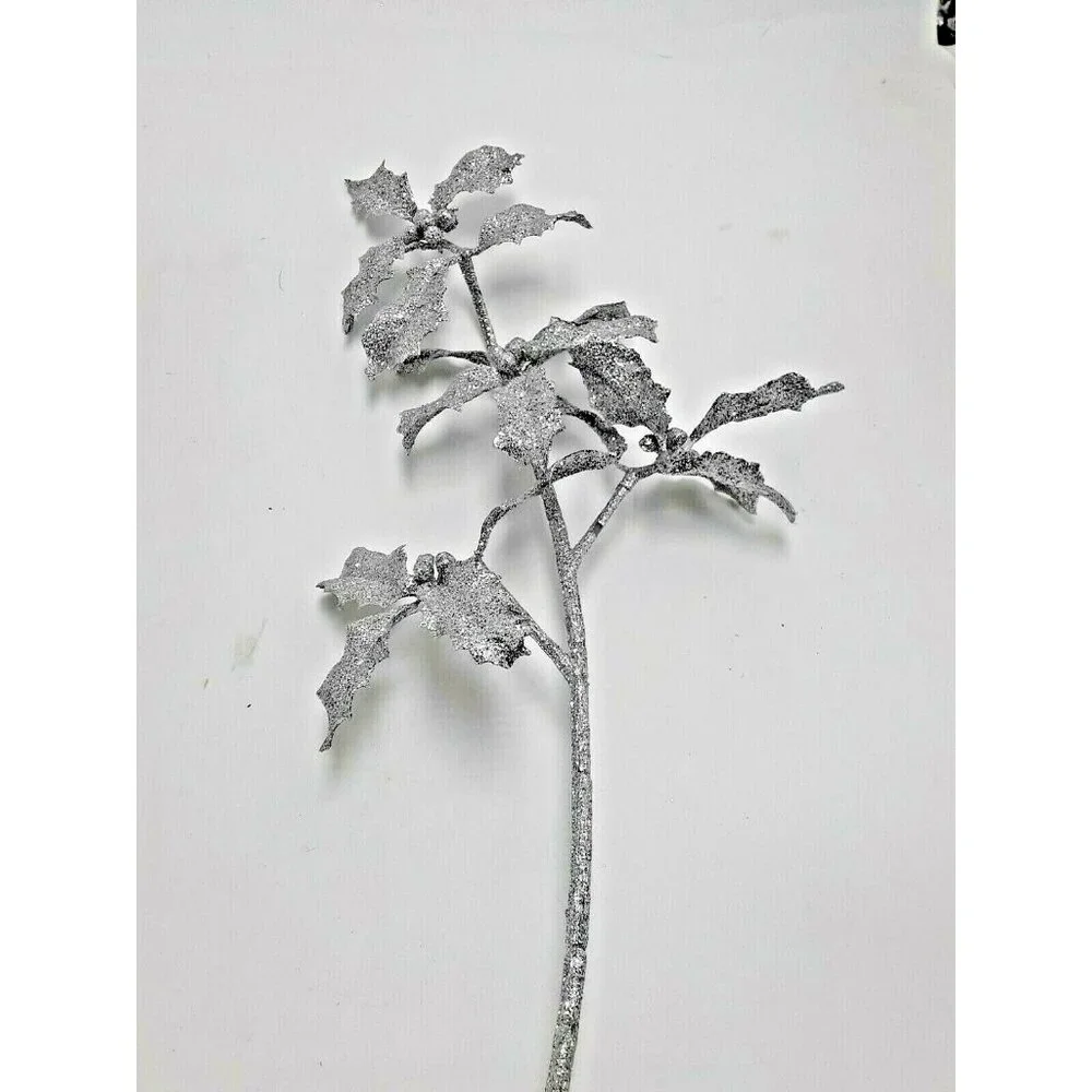 Vintage Holly Floral Branch Silver Glitter Stems Artificial NOS